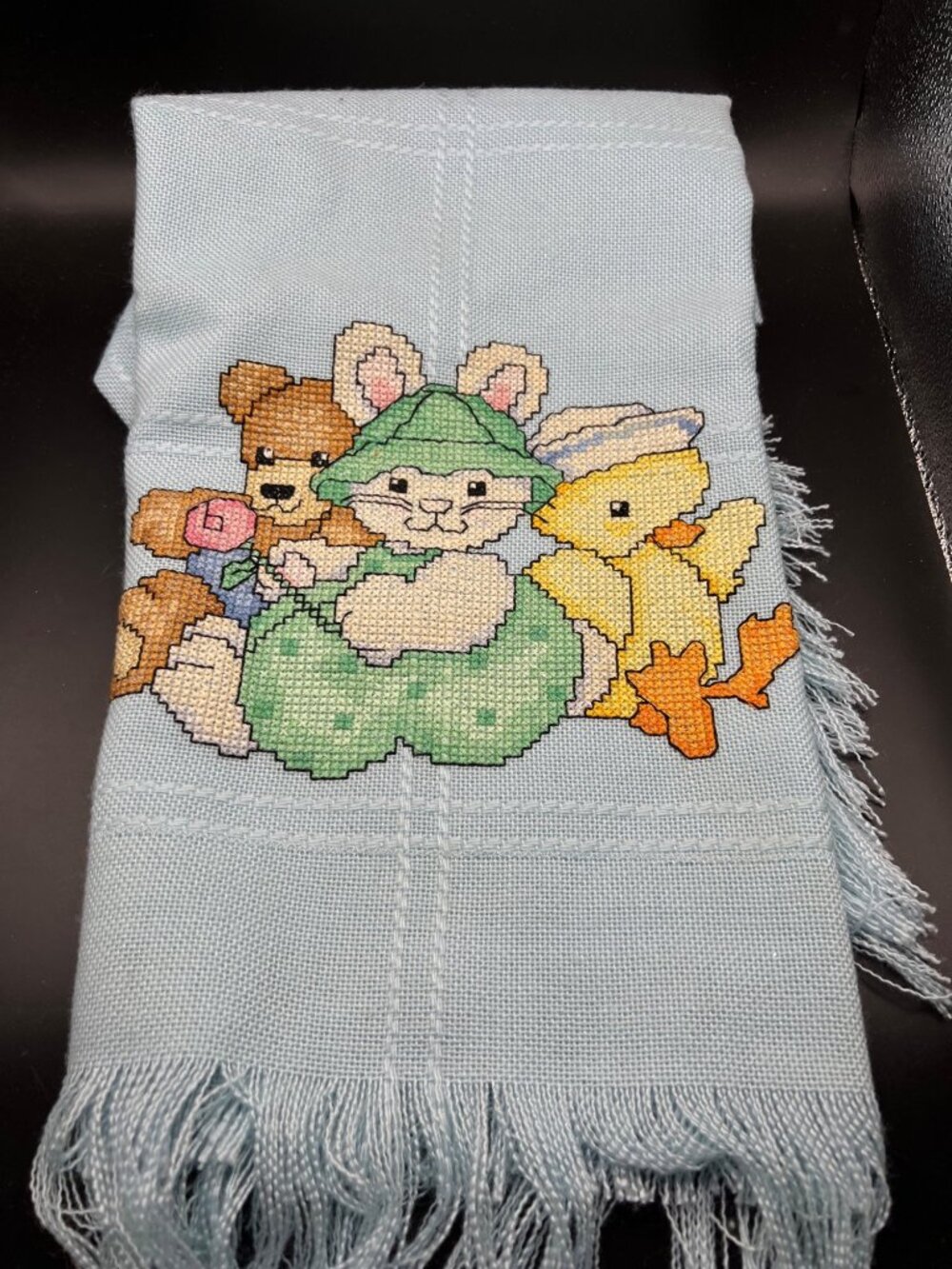 Handcrafted Baby Blanket Cross Stitch Bear Bunny Duck Lt. Blue Fabric Fringe VTG